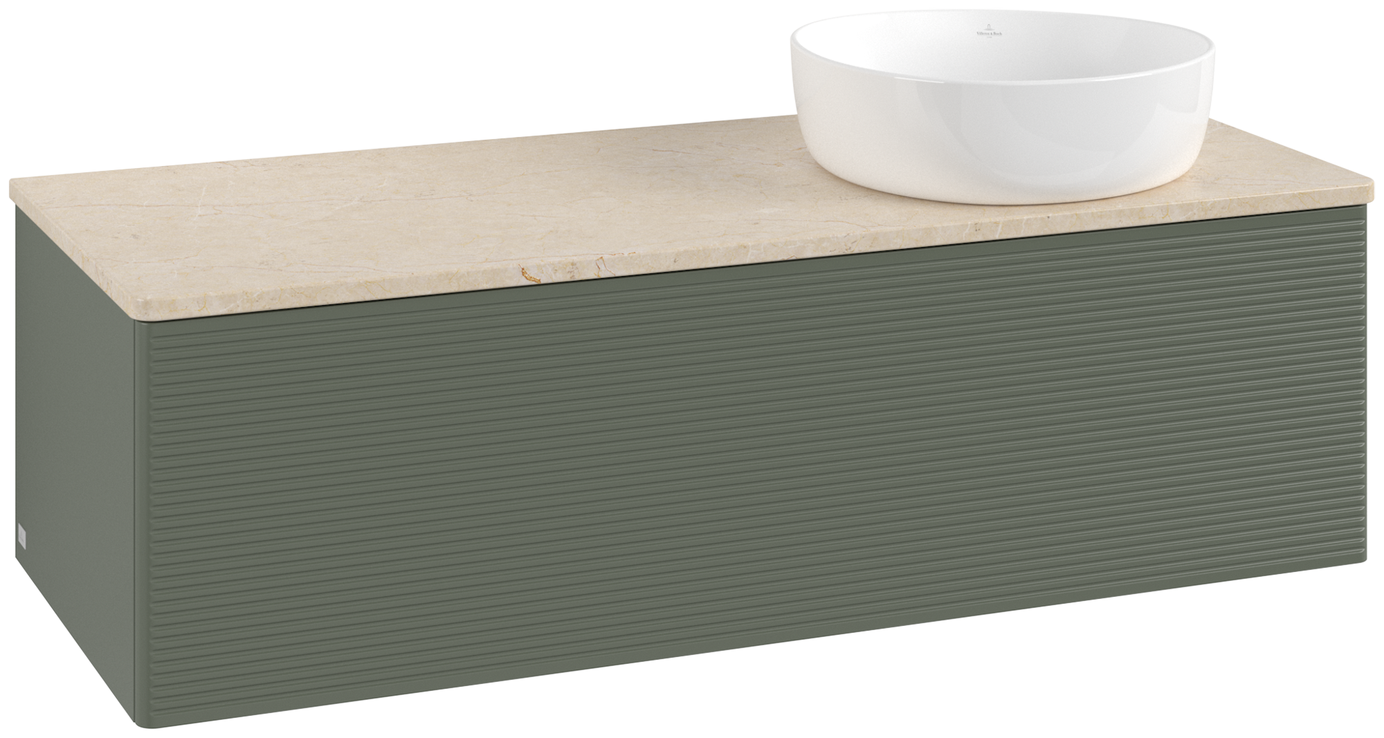 Villeroy & Boch Antao Meuble sous plan, avec éclairage, 1 tiroir sur rails, 1200x360x500mm, Façade avec structure, Caisson: Leaf Green Matt Lacquer, Façade: Leaf Green Matt Lacquer, Plaque de recouvrement: Botticino