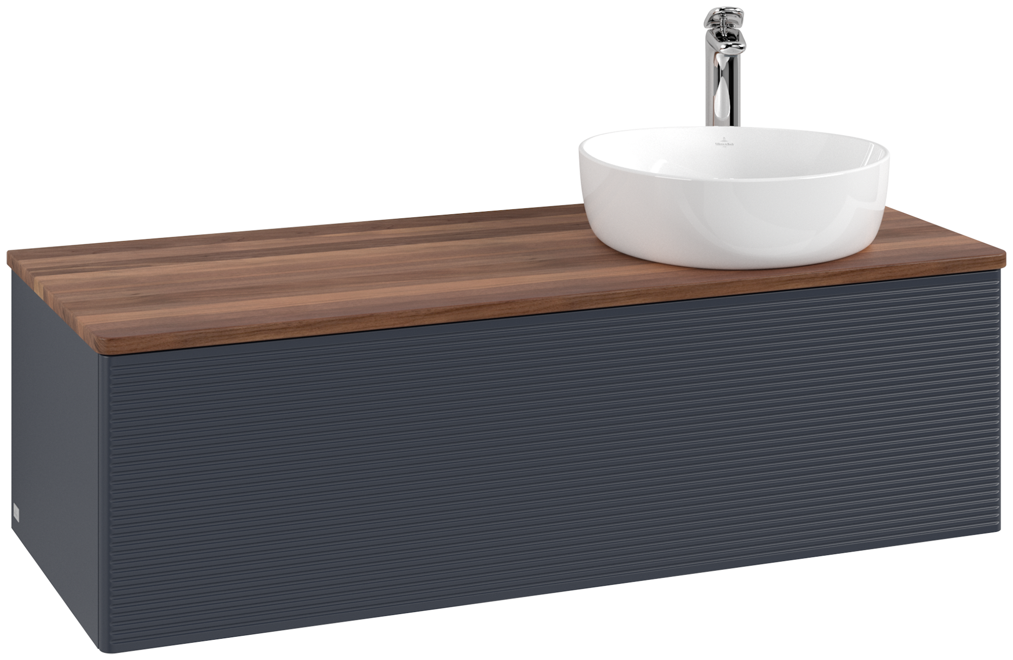 Villeroy & Boch Antao Modulo bajo, con iluminación, 1 compartimento extraíble, 1200x360x500mm, Frontal con textura granulosa, Cuerpo: Midnight Blue Matt Lacquer, Frontal: Midnight Blue Matt Lacquer, Placa de cubierta: Warm Walnut