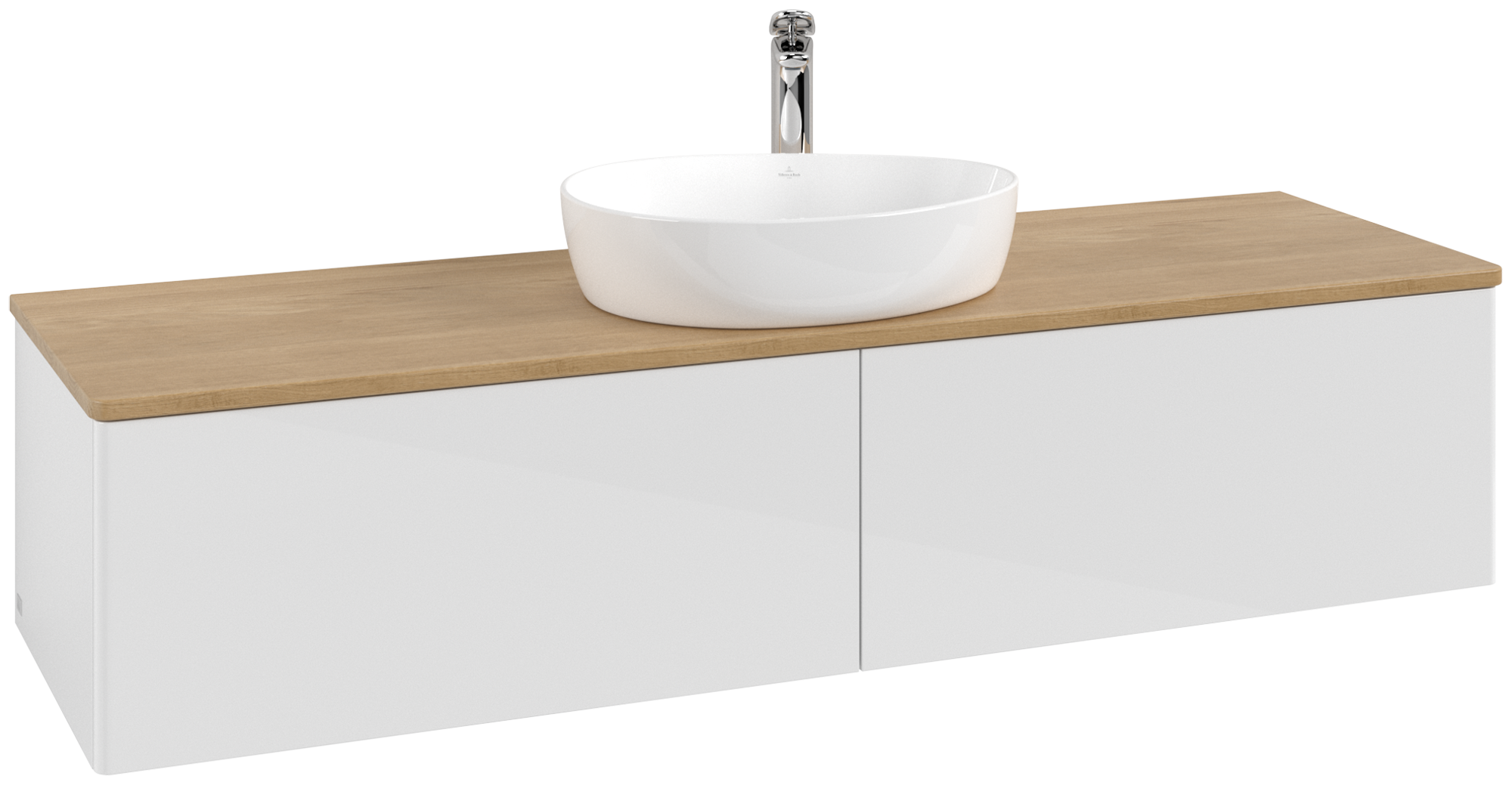 Villeroy & Boch Antao Waschbeckenunterschrank, mit Beleuchtung, 2 Auszüge, 1600x360x500mm, Front ohne Struktur, Korpus: Glossy White Lacquer, Front: Glossy White Lacquer, Abdeckplatte: Honey Oak