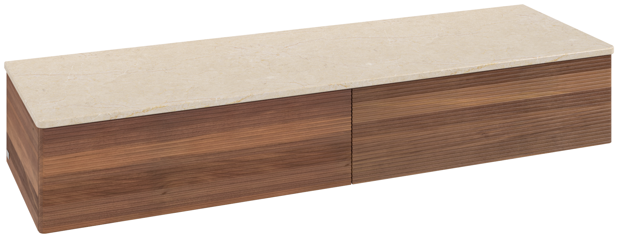 Villeroy & Boch Antao Sideboard, mit Beleuchtung, 2 Auszüge, 1600x268x500mm, Front mit Struktur, Korpus: Warm Walnut, Front: Warm Walnut, Abdeckplatte: Botticino