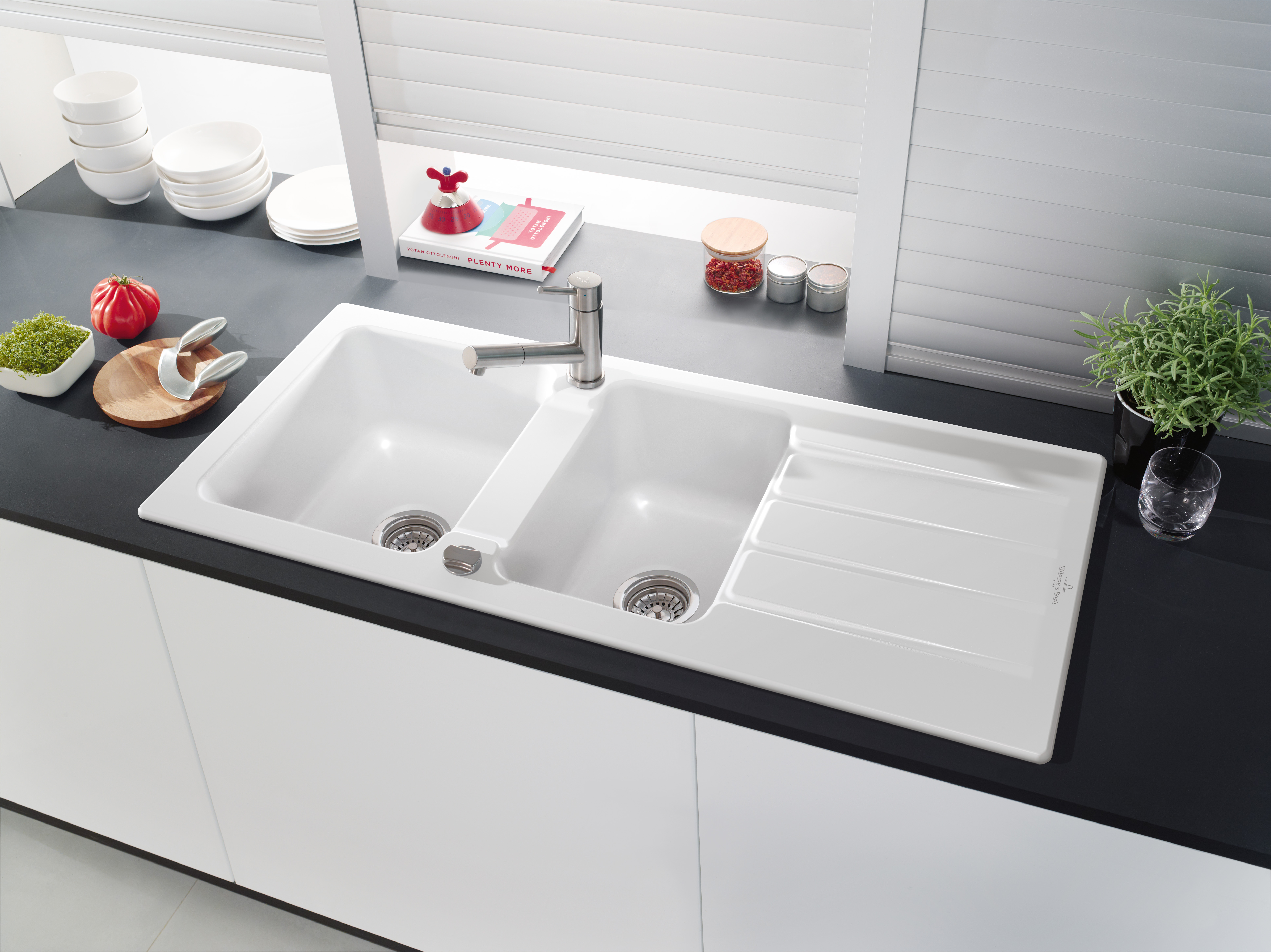 Architectura 80 Évier à encastrer inclus Vidage avec vidage automatique, en Céramique, 1160x510mm, Blanc