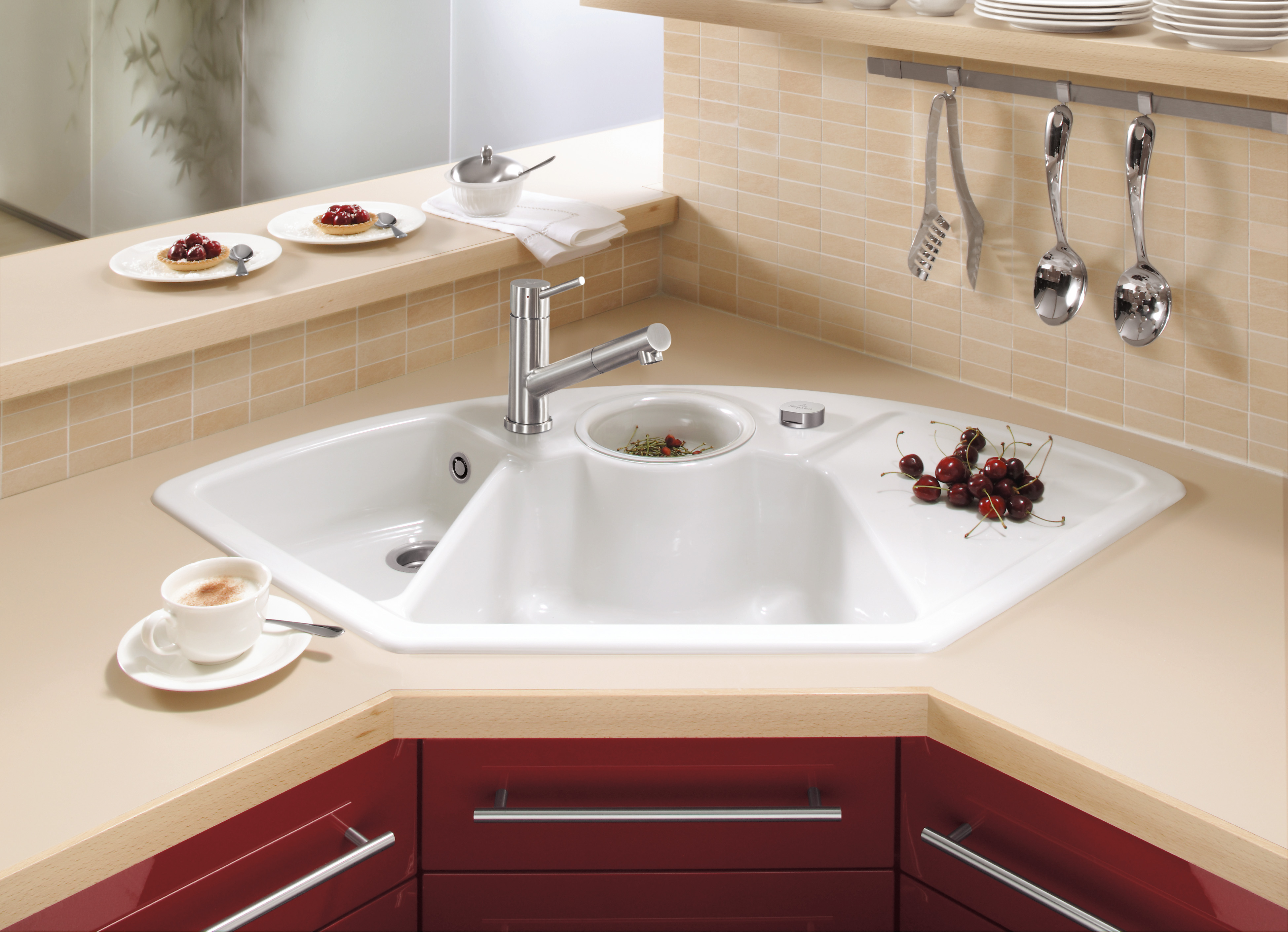 Solo corner Corner sink included Waste system with pop-up waste system, of Ceramic, 1075x600mm, Snow White CeramicPlus