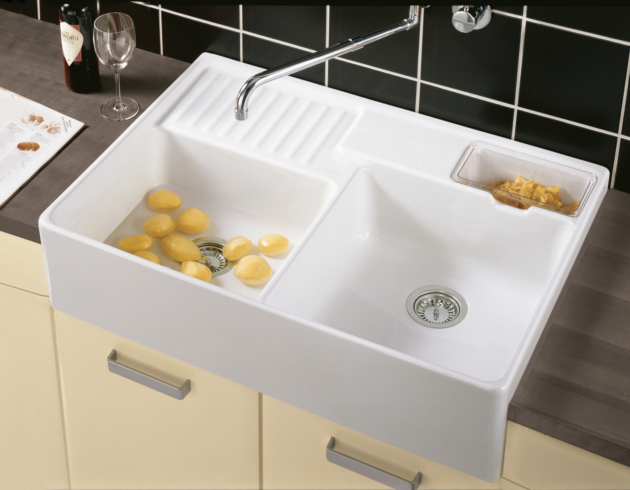 Double-bowl sink Double-bowl sink included Waste system with basket strainer waste, of Ceramic, 895x630mm, White Alpin CeramicPlus