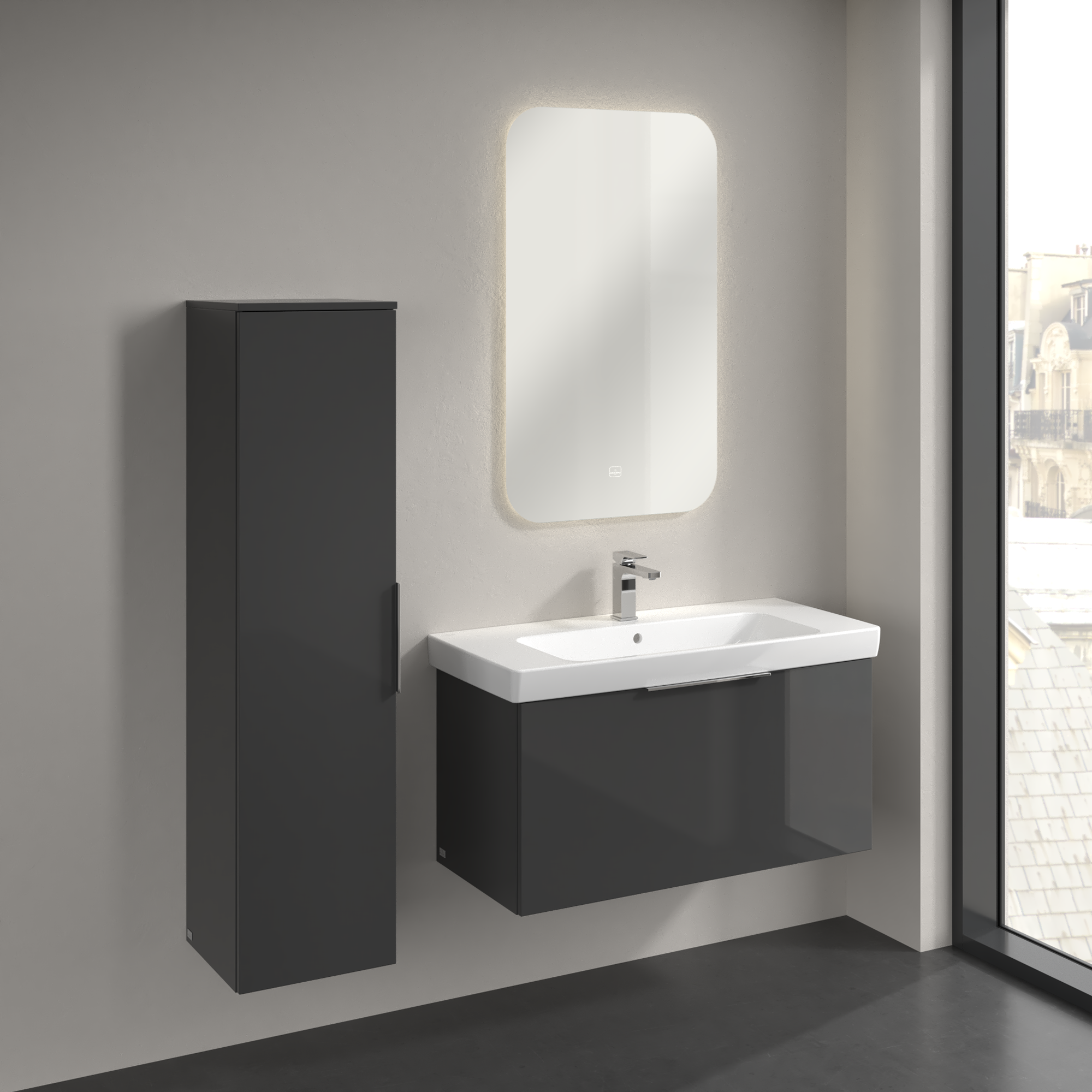 Architectura Armario alto, 1 puerta, 350x1400x346mm, Cuerpo: Grey, Frontal: Grey