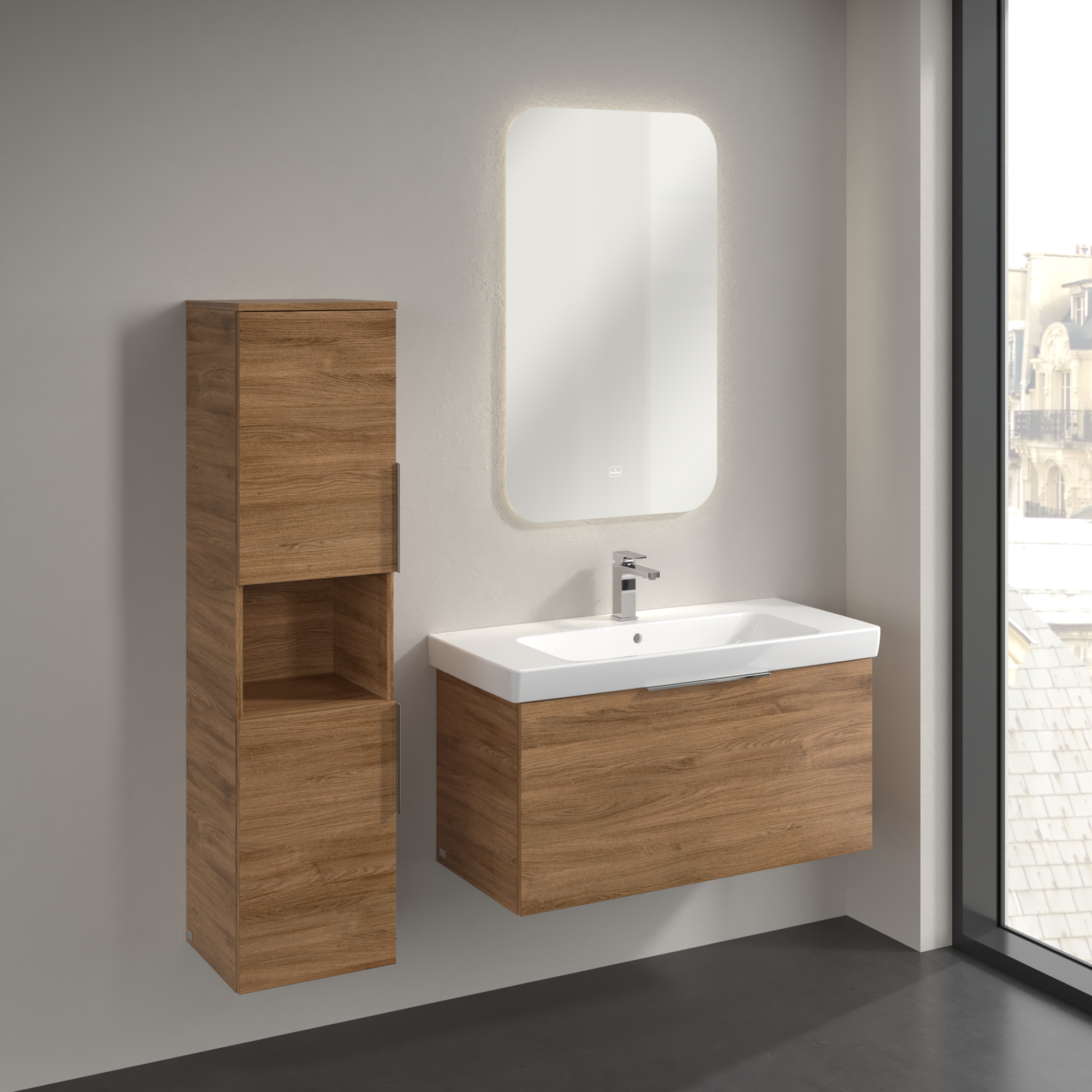 Architectura Armario alto, 2 puertas, 350x1400x346mm, Cuerpo: Oak Kansas, Frontal: Oak Kansas