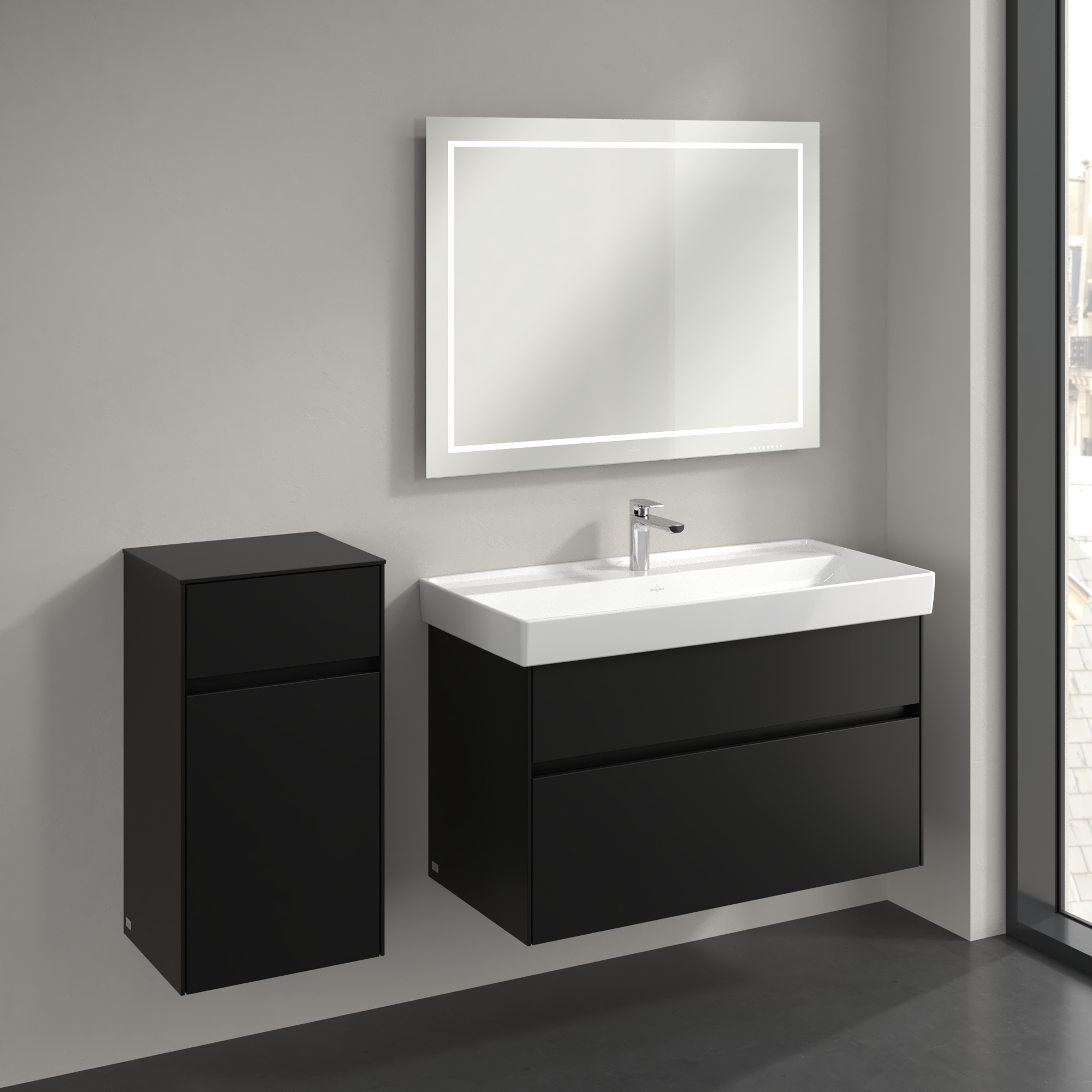 Collaro Side cabinet, 1 door, 1 drawer, 404x748x349mm, Body: Volcano Black, Front: Volcano Black