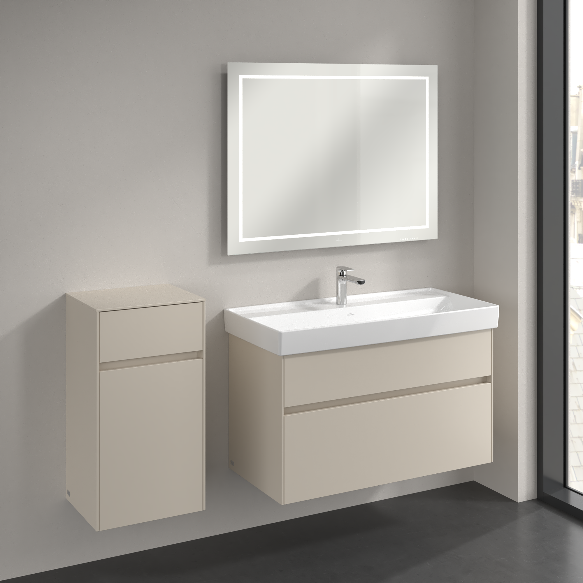 Collaro Szafka boczna, 1 drzwi, 1 szuflada, 404x748x349mm, Korpus: Cashmere Grey, Front: Cashmere Grey