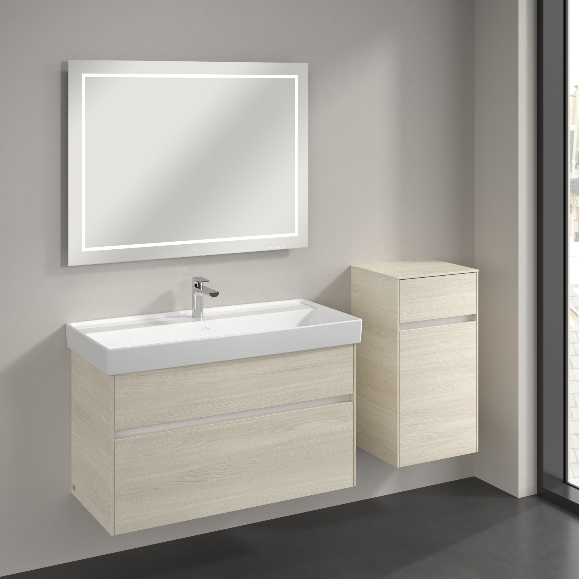 Collaro Side cabinet, 1 door, 1 drawer, 404x748x349mm, Body: White Oak, Front: White Oak