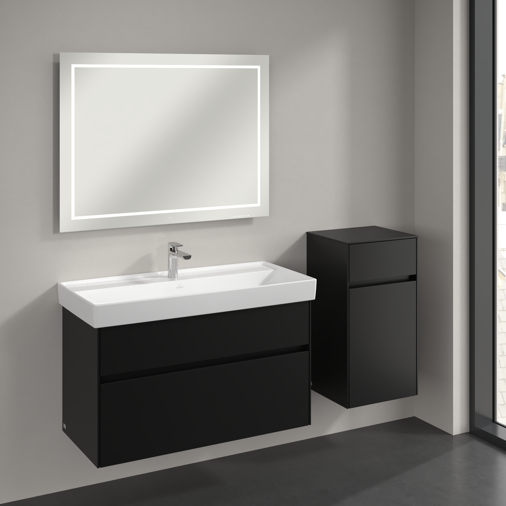 Collaro Side cabinet, 1 door, 1 drawer, 404x748x349mm, Body: Volcano Black, Front: Volcano Black