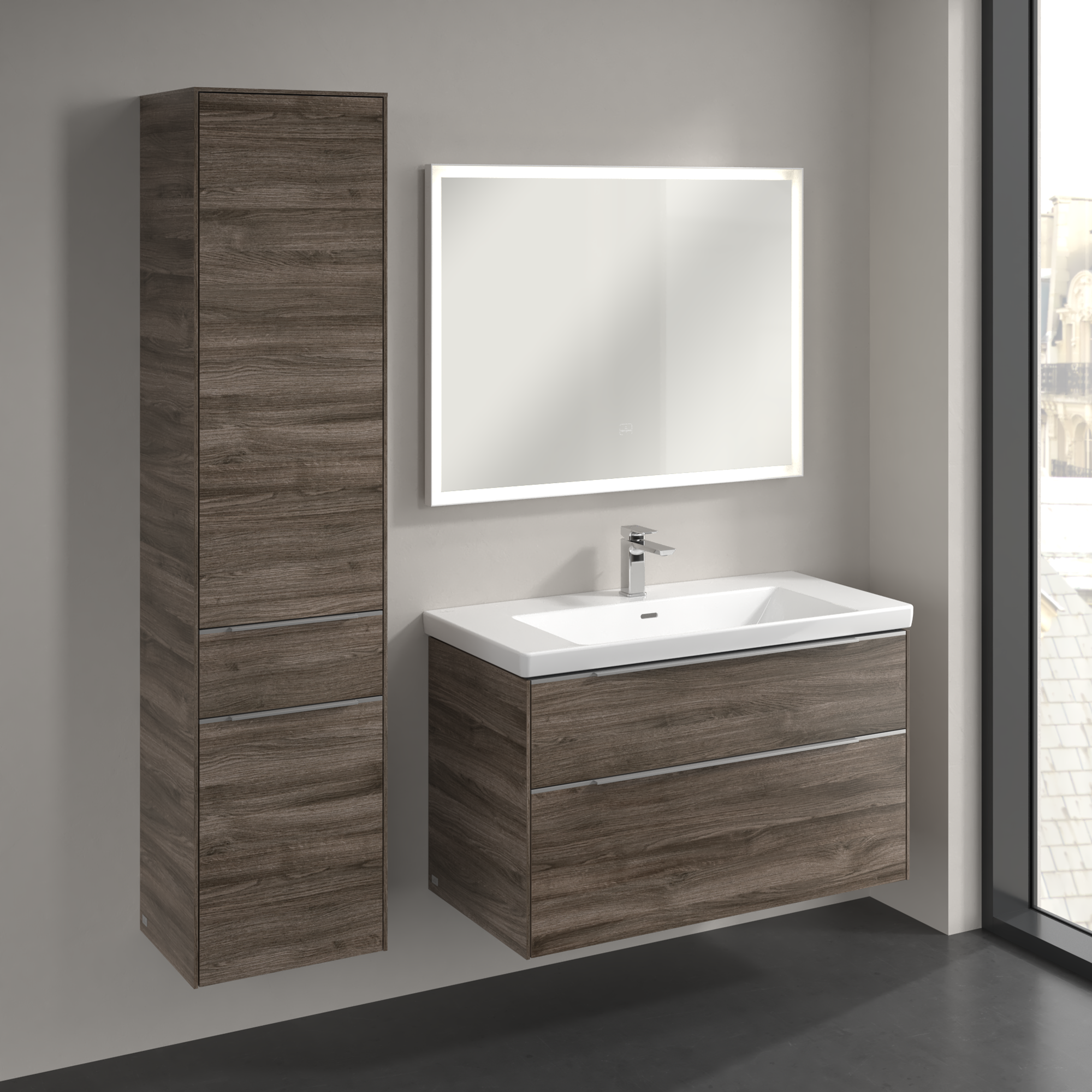 Subway 3.0 Armoire haute, 2 portes, 1 tiroir sur rails, 400x1710x346mm, Caisson: Stone Oak, Façade: Stone Oak