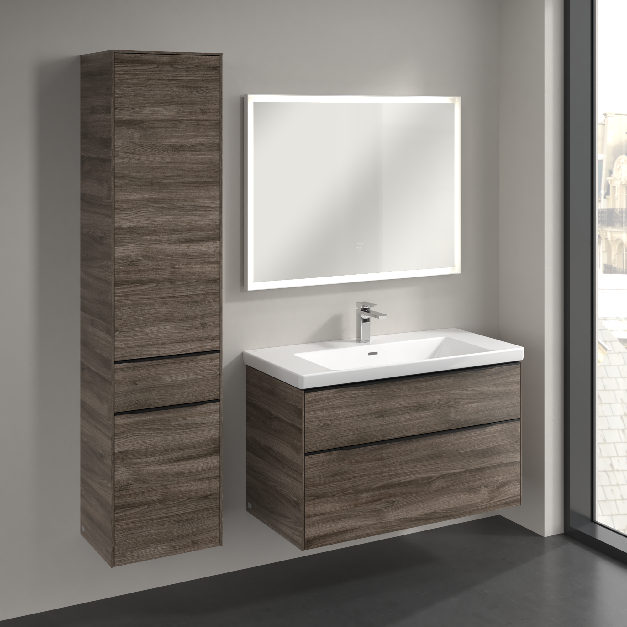 Subway 3.0 Tall cabinet, 2 doors, 1 pull-out compartment, 400x1710x346mm, Body: Stone Oak, Front: Stone Oak
