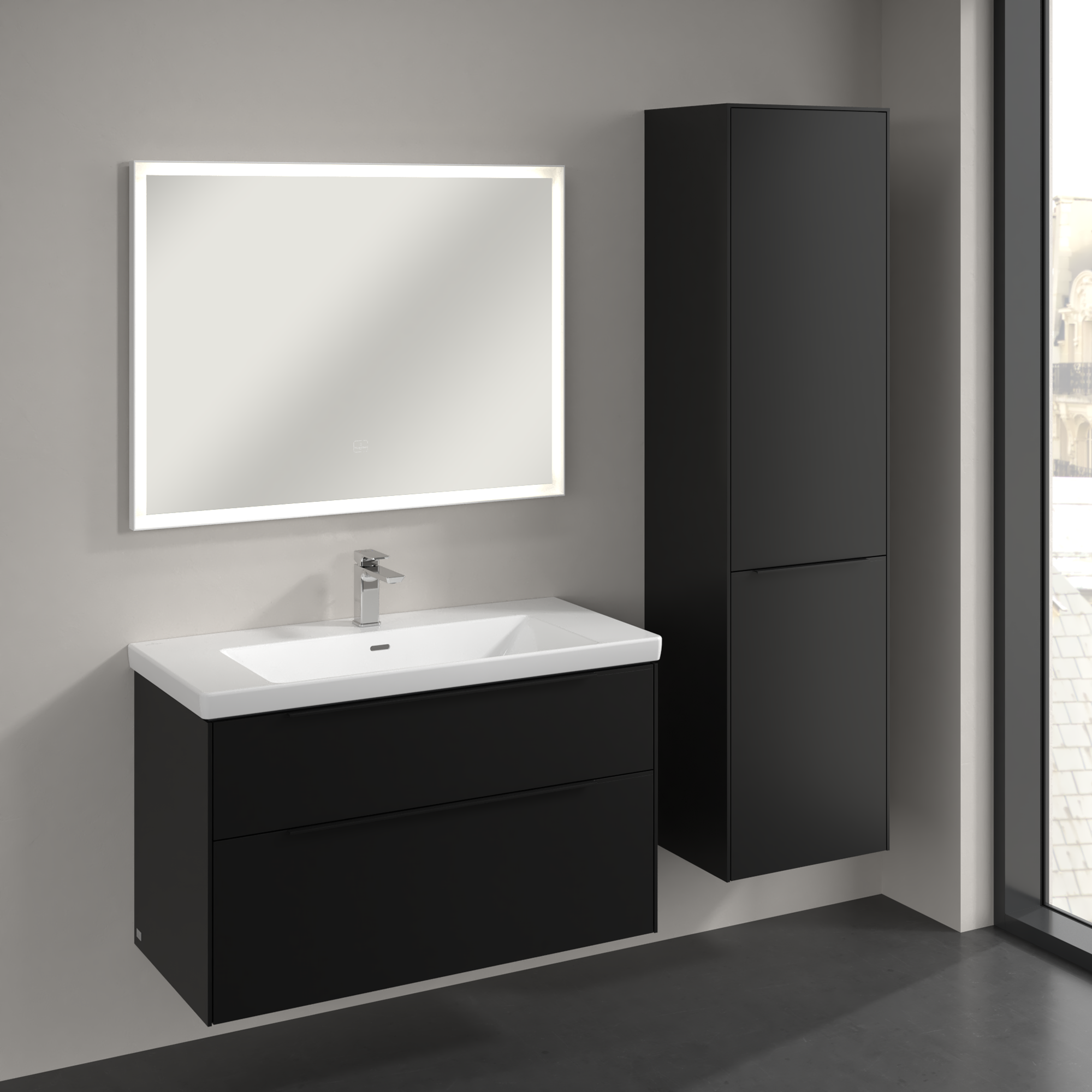 Subway 3.0 Szafka wysoka, 1 drzwi, 1 uchylny kosz na pranie, 450x1710x346mm, Korpus: Volcano Black, Front: Volcano Black