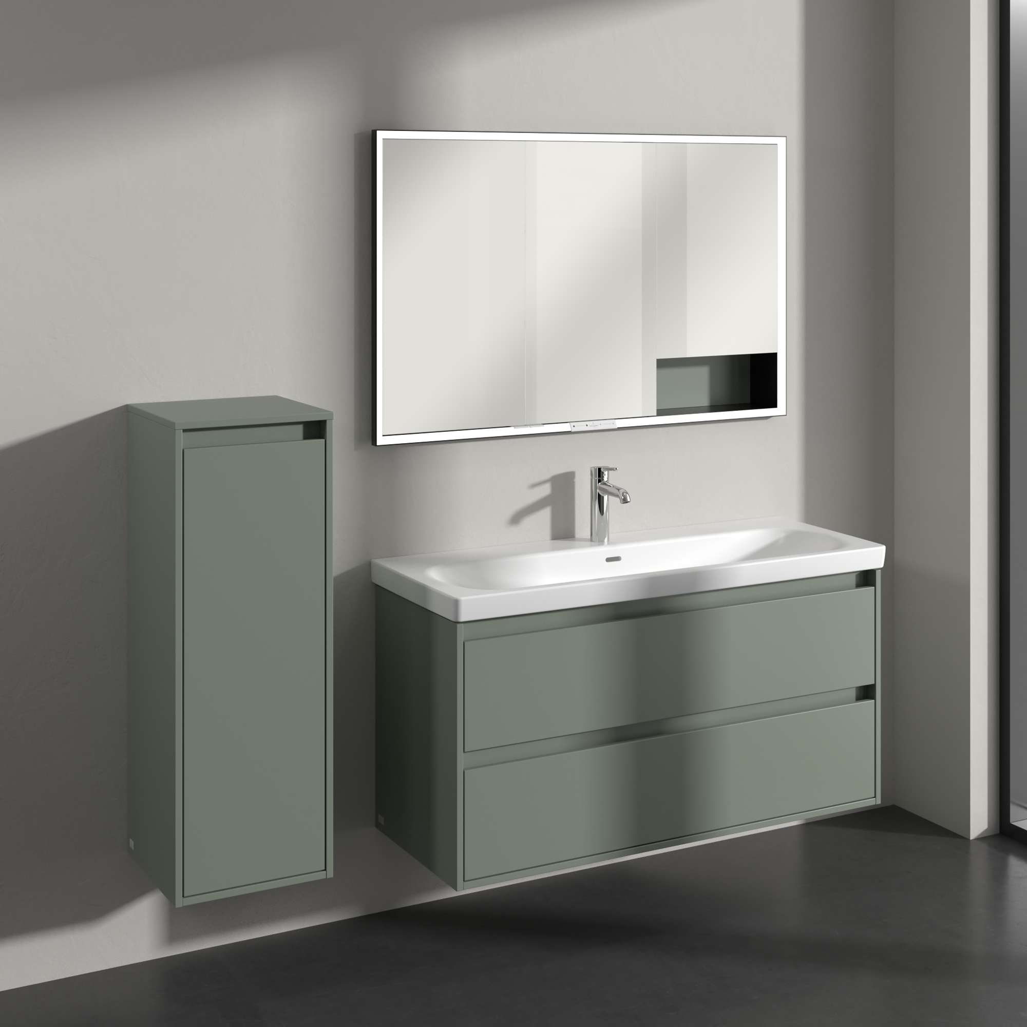 Skyla Seitenschrank, 1 Tür, 1 Schublade, 350x1000x349mm, Korpus: Soft Green, Front: Soft Green