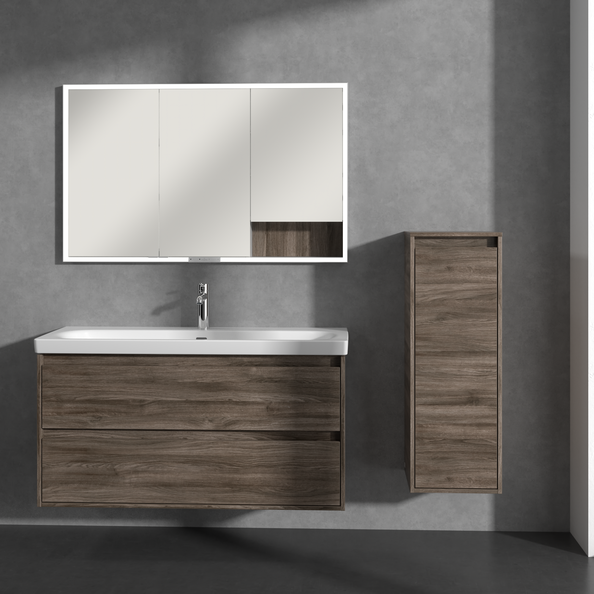 Skyla Side cabinet, 1 door, 1 drawer, 350x1000x349mm, Body: Stone Oak, Front: Stone Oak