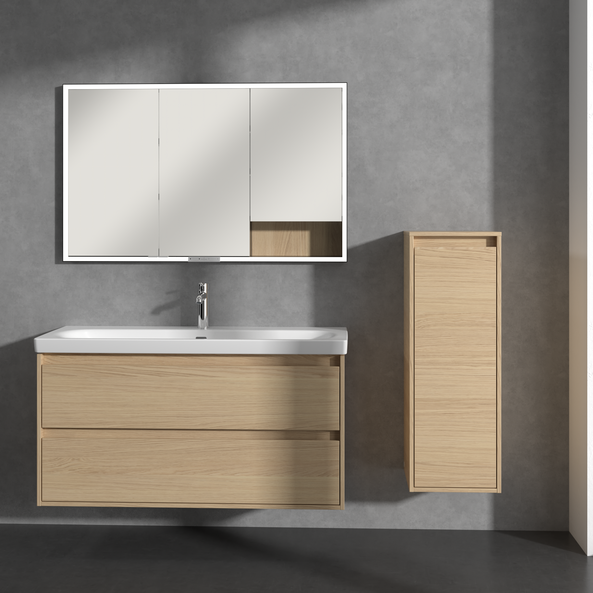 Skyla Armadio laterale, 1 anta, 1 cassetto, 350x1000x349mm, Corpo: Nordic Oak, Fronte: Nordic Oak