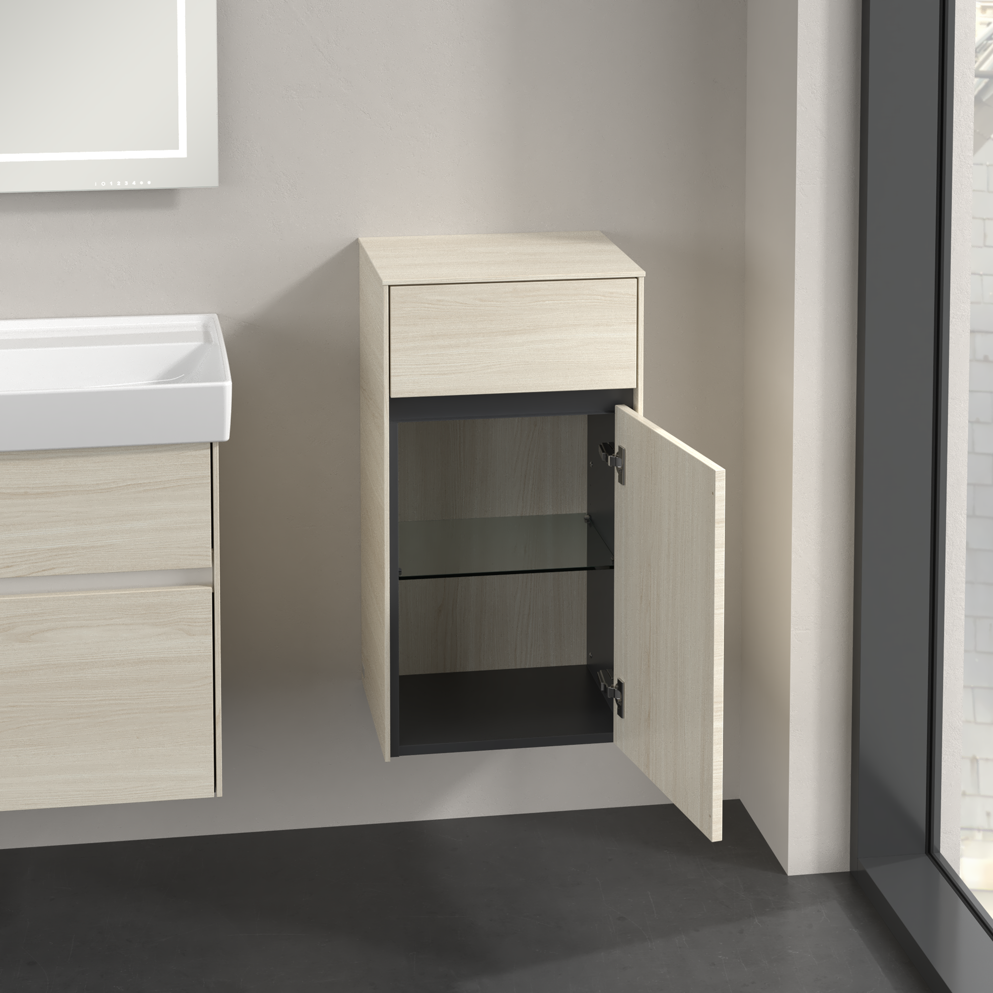 Collaro Side cabinet, 1 door, 1 drawer, 404x748x349mm, Body: White Oak, Front: White Oak
