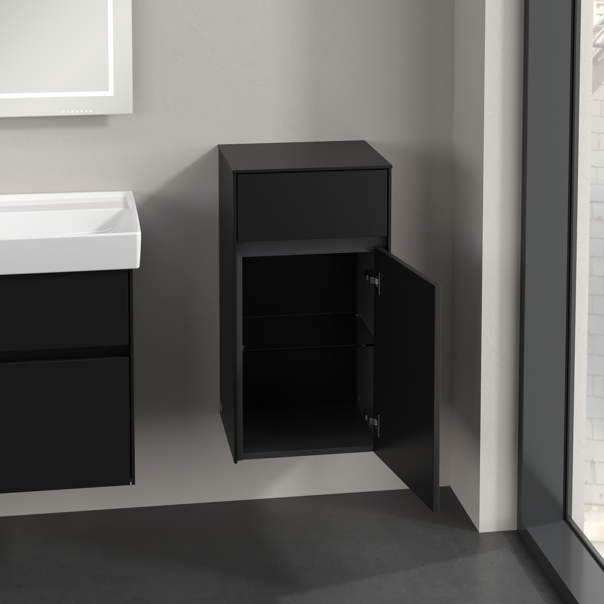 Collaro Side cabinet, 1 door, 1 drawer, 404x748x349mm, Body: Volcano Black, Front: Volcano Black