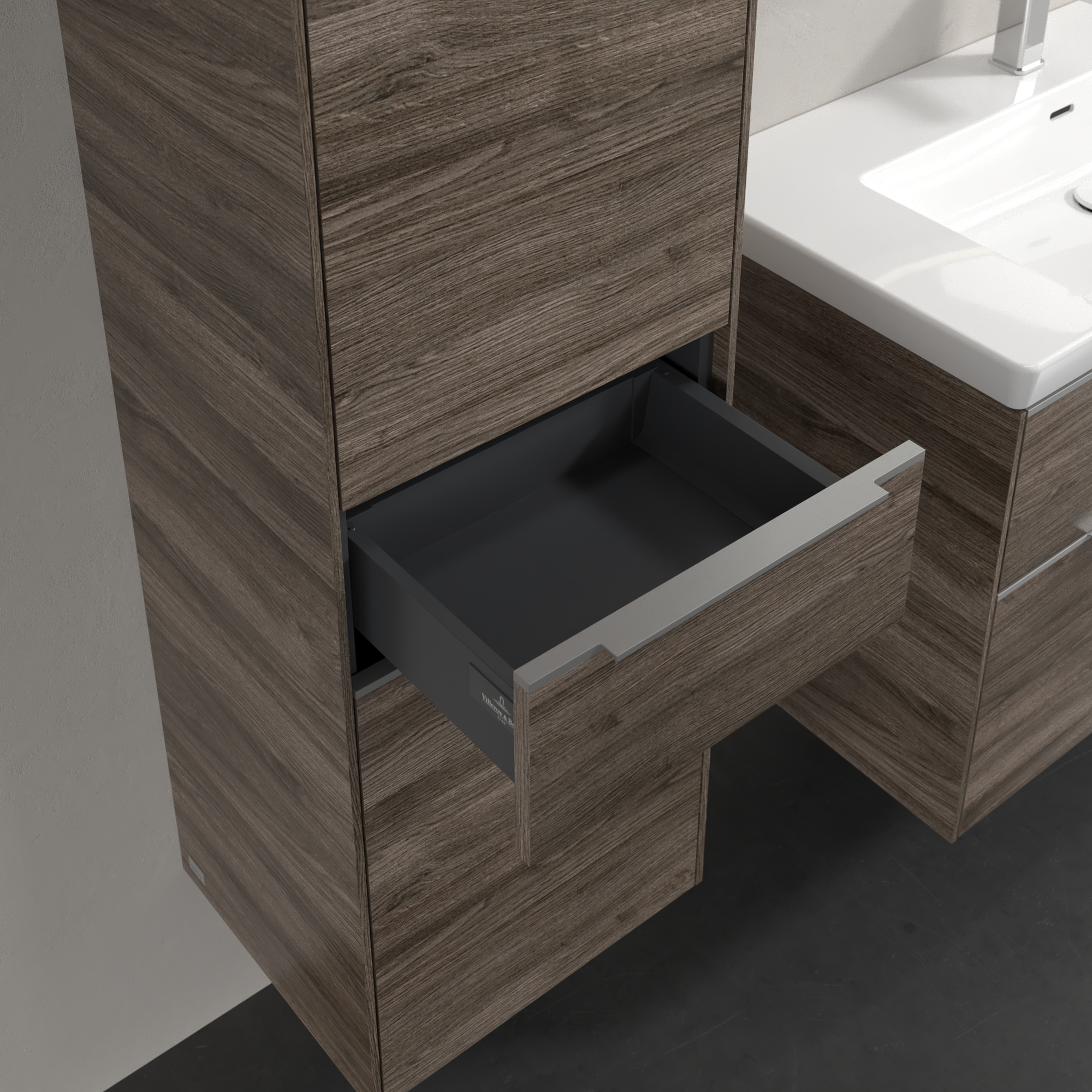 Subway 3.0 Armoire haute, 2 portes, 1 tiroir sur rails, 400x1710x346mm, Caisson: Stone Oak, Façade: Stone Oak