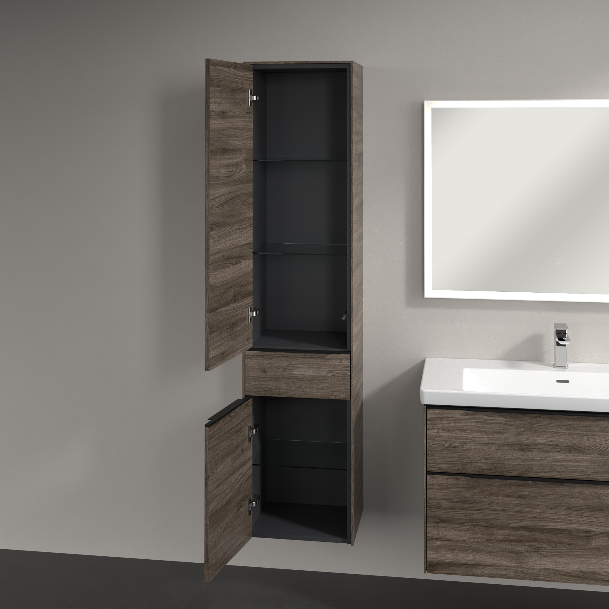 Subway 3.0 Tall cabinet, 2 doors, 1 pull-out compartment, 400x1710x346mm, Body: Stone Oak, Front: Stone Oak