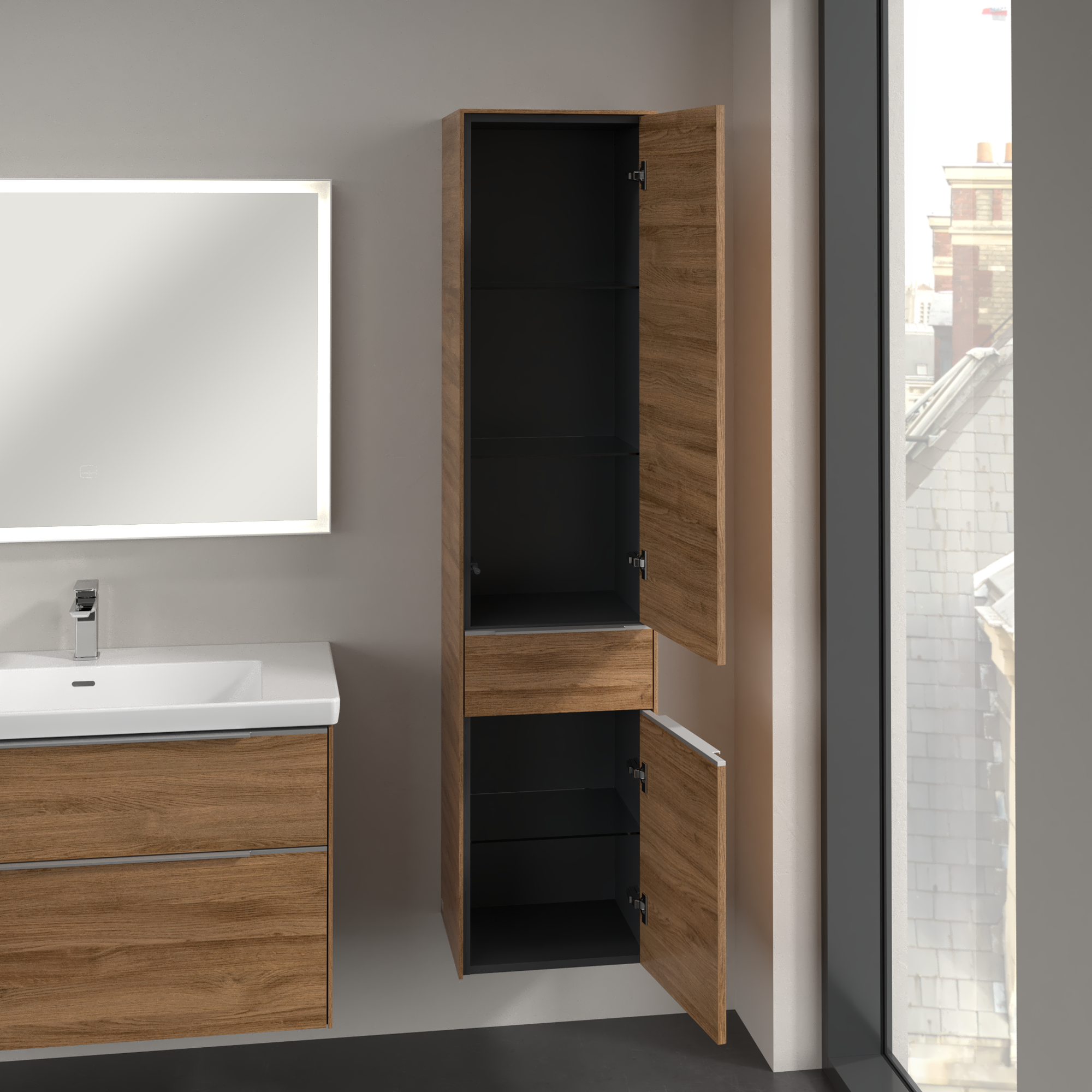 Subway 3.0 Tall cabinet, 2 doors, 1 pull-out compartment, 400x1710x346mm, Body: Oak Kansas, Front: Oak Kansas