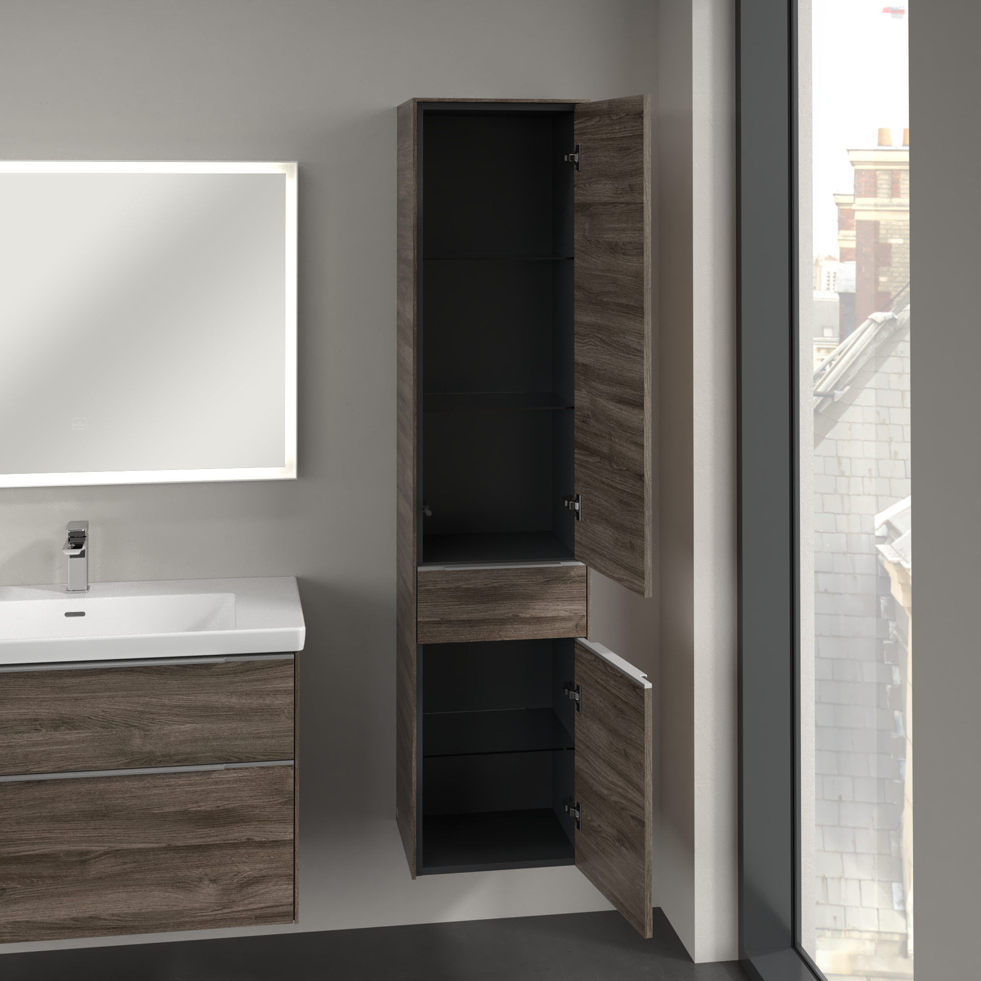 Subway 3.0 Tall cabinet, 2 doors, 1 pull-out compartment, 400x1710x346mm, Body: Stone Oak, Front: Stone Oak
