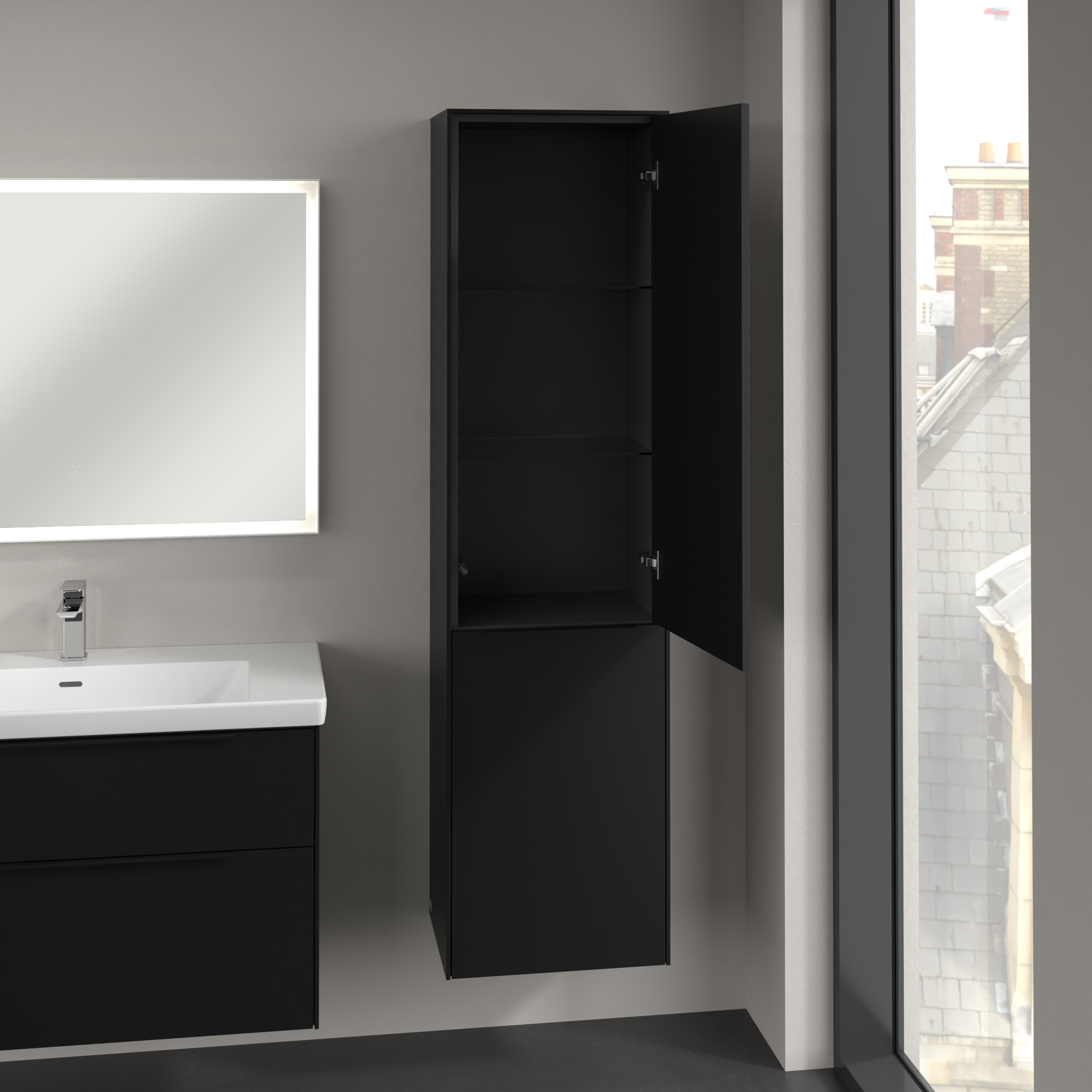 Subway 3.0 Szafka wysoka, 1 drzwi, 1 uchylny kosz na pranie, 450x1710x346mm, Korpus: Volcano Black, Front: Volcano Black