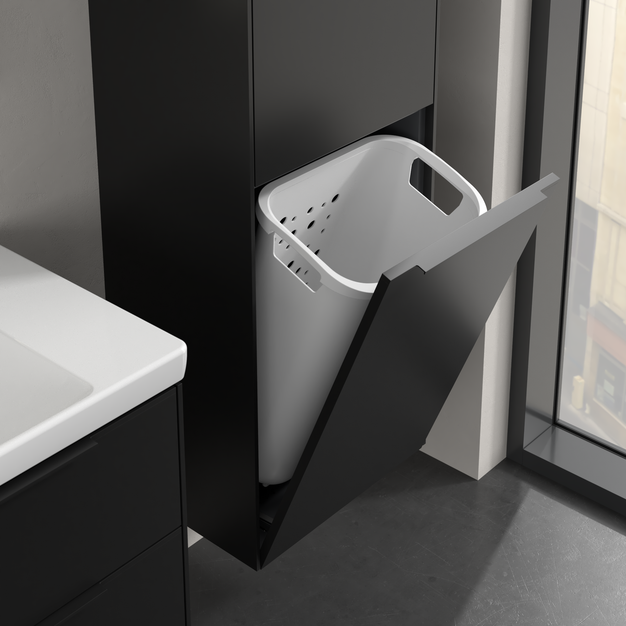 Subway 3.0 Szafka wysoka, 1 drzwi, 1 uchylny kosz na pranie, 450x1710x346mm, Korpus: Volcano Black, Front: Volcano Black