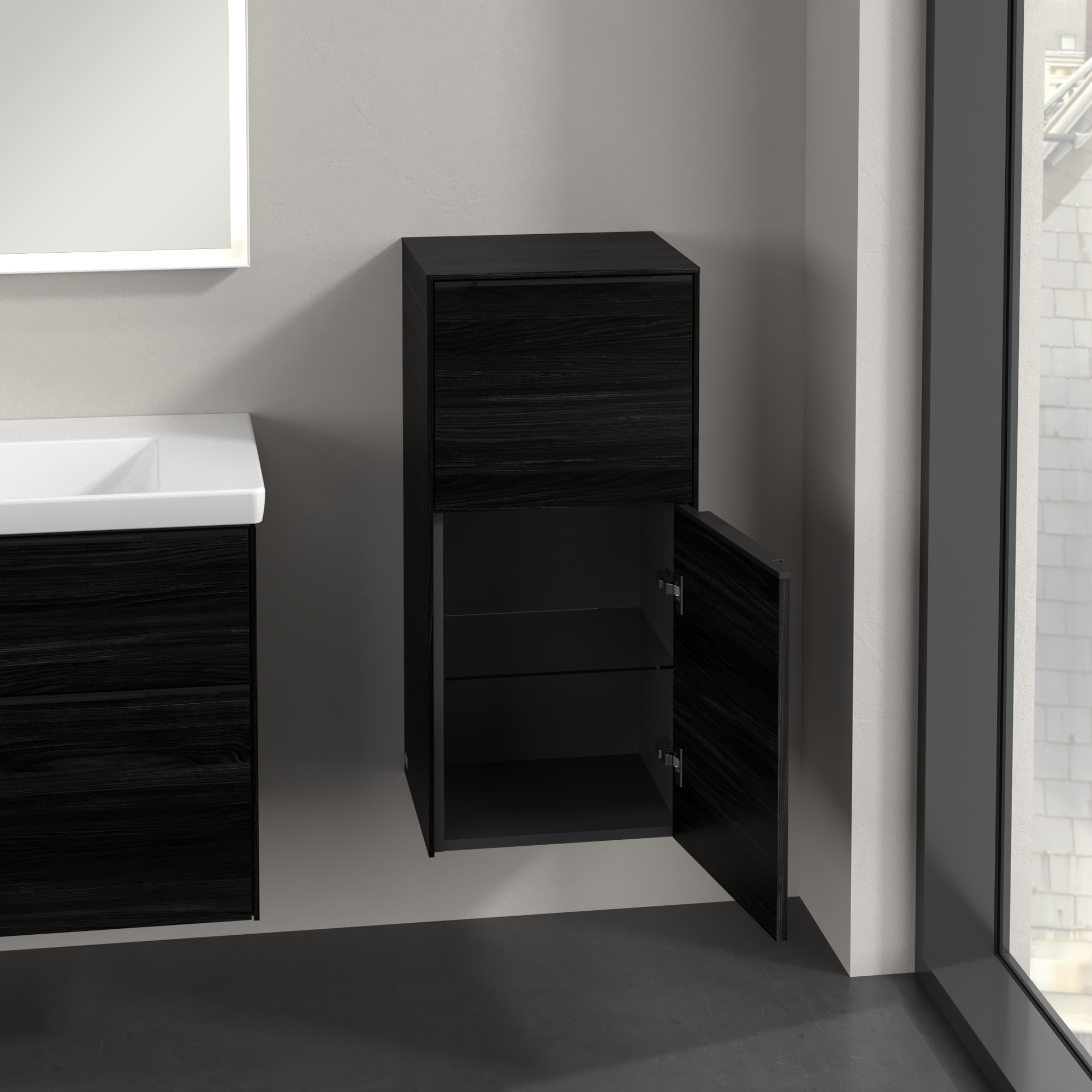 Subway 3.0 Armoire latérale, 1 tiroir sur rails, 1 porte, 400x860x346mm, Caisson: Black Oak, Façade: Black Oak