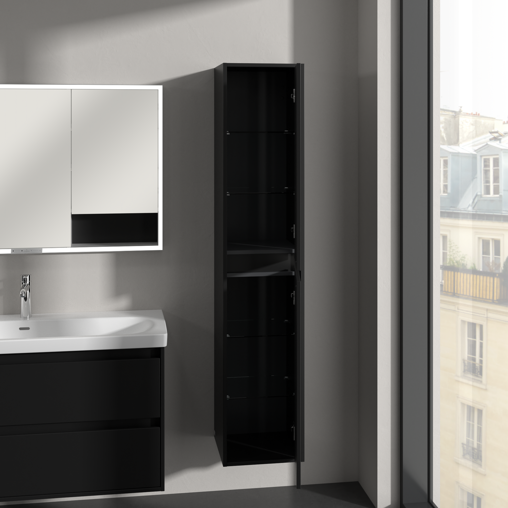 Skyla Højskab, 2 døre, 350x1700x349mm, Korpus: Volcano Black, Front: Volcano Black