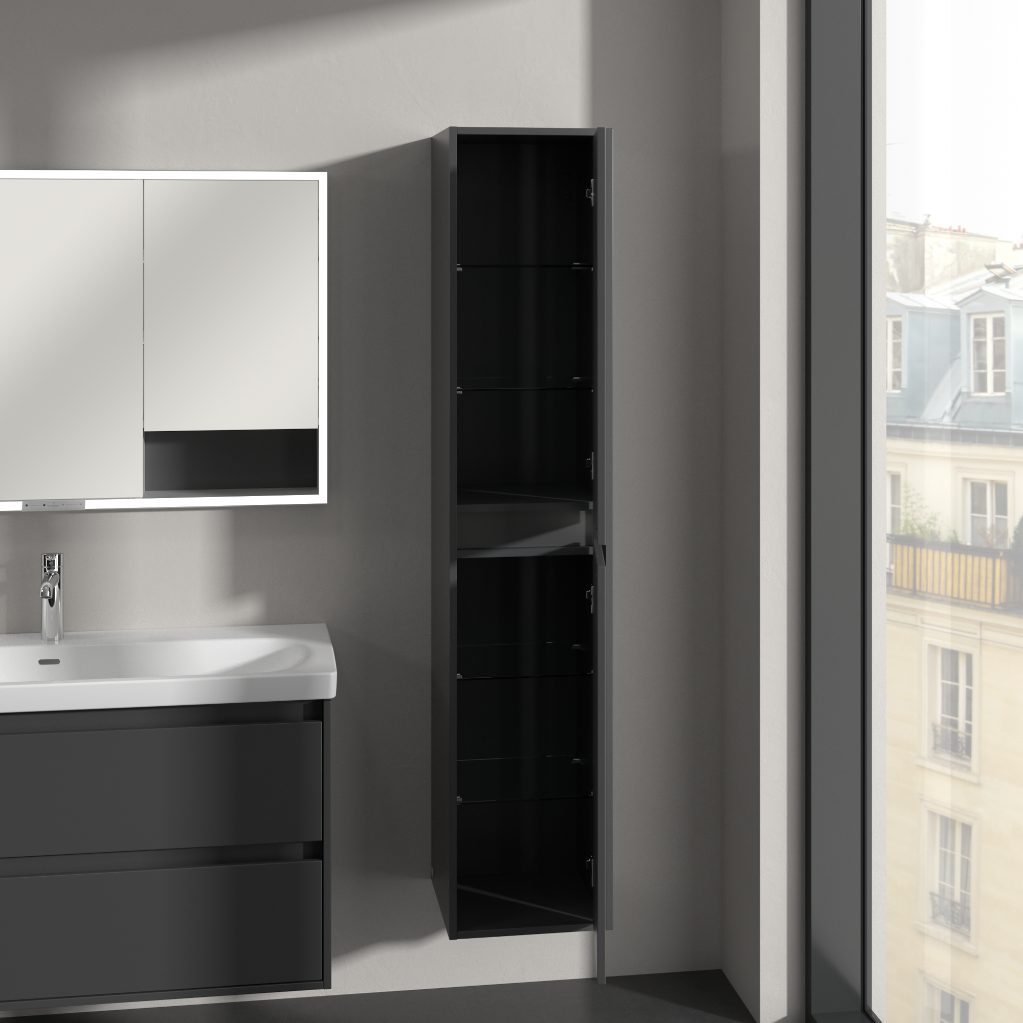 Skyla Tall cabinet, 2 doors, 350x1700x349mm, Body: Graphite, Front: Graphite