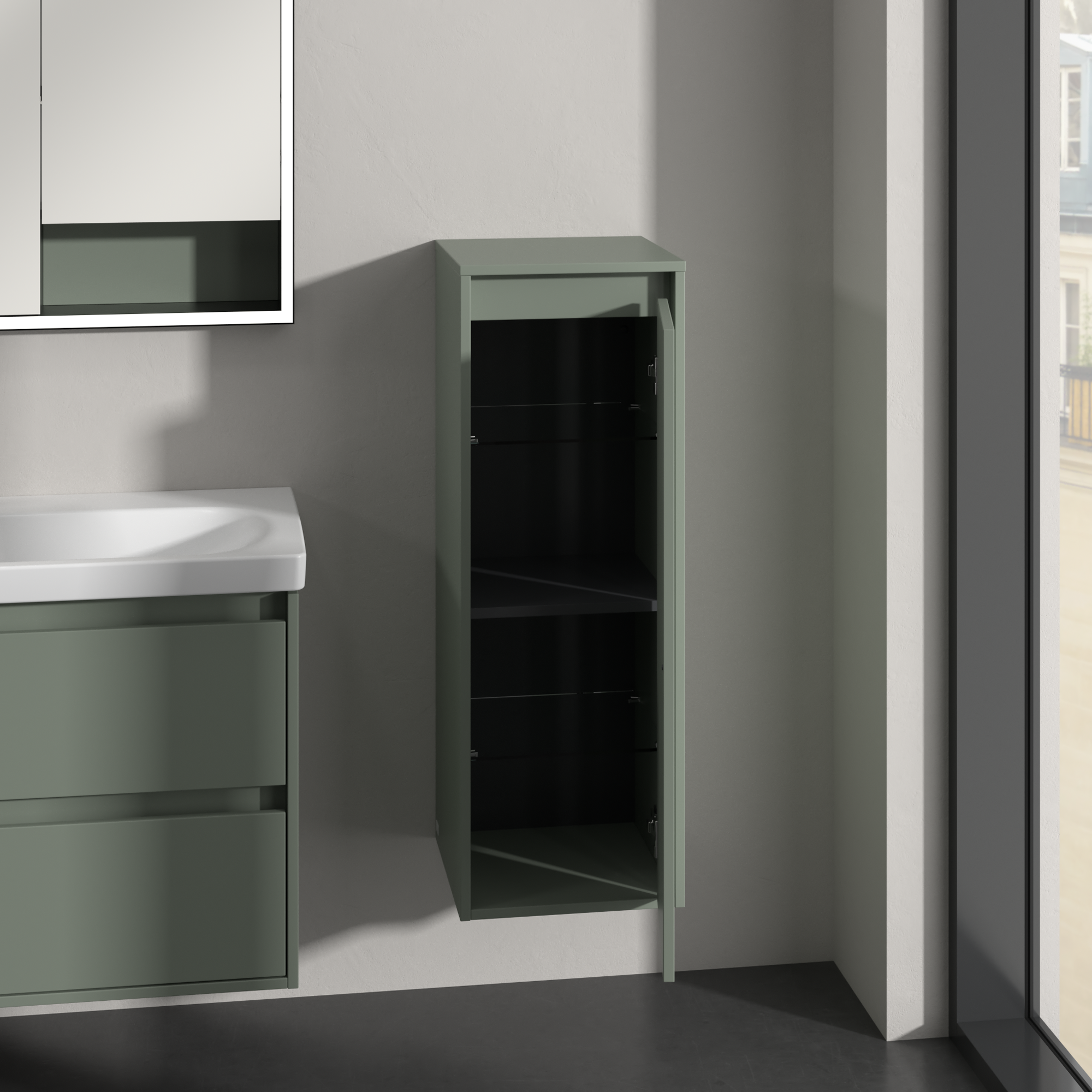 Skyla Armoire latérale, 1 porte, 1 tiroir, 350x1000x349mm, Caisson: Soft Green, Façade: Soft Green
