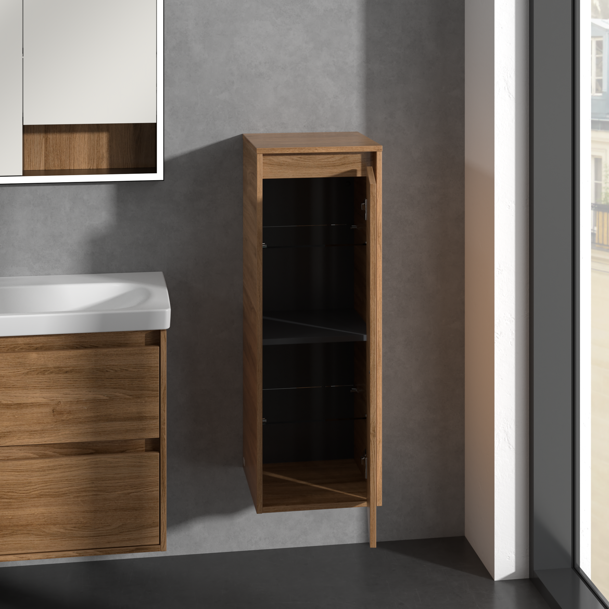 Skyla Side cabinet, 1 door, 1 drawer, 350x1000x349mm, Body: Oak Kansas, Front: Oak Kansas