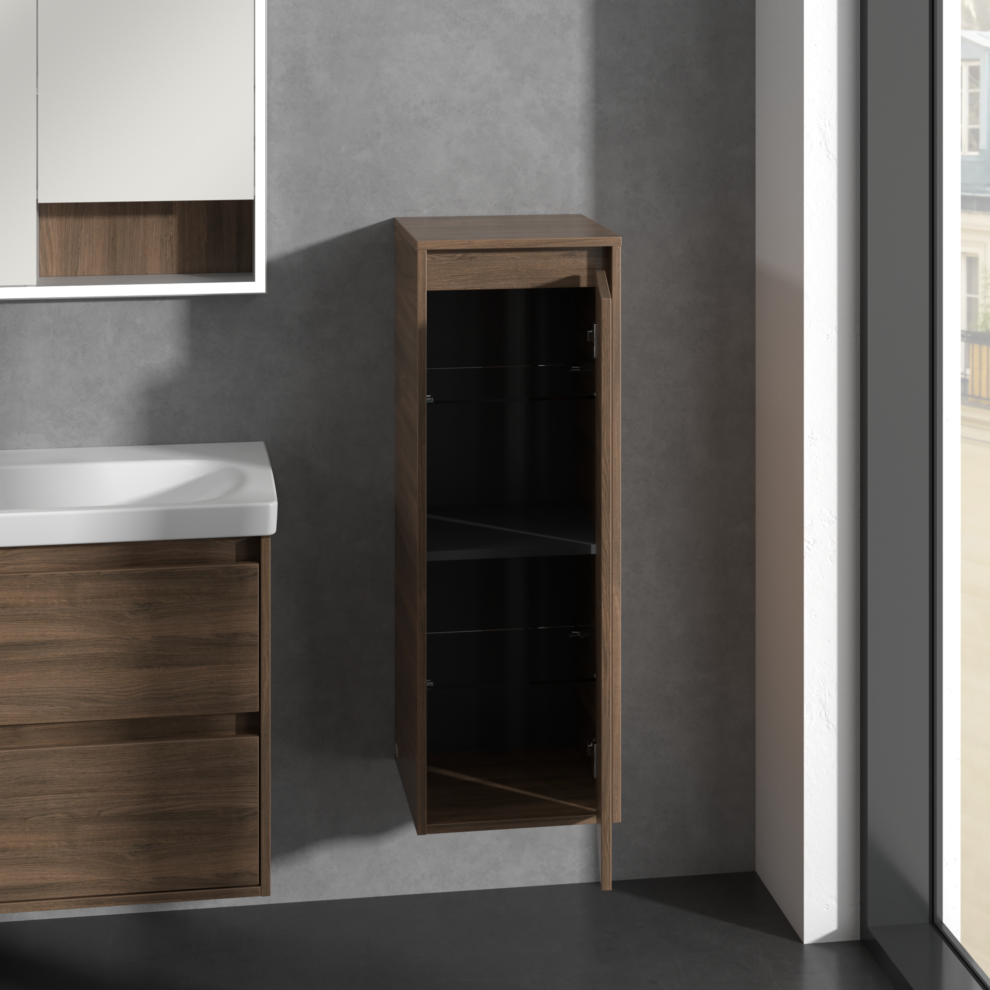 Skyla Armadio laterale, 1 anta, 1 cassetto, 350x1000x349mm, Corpo: Arizona Oak, Fronte: Arizona Oak