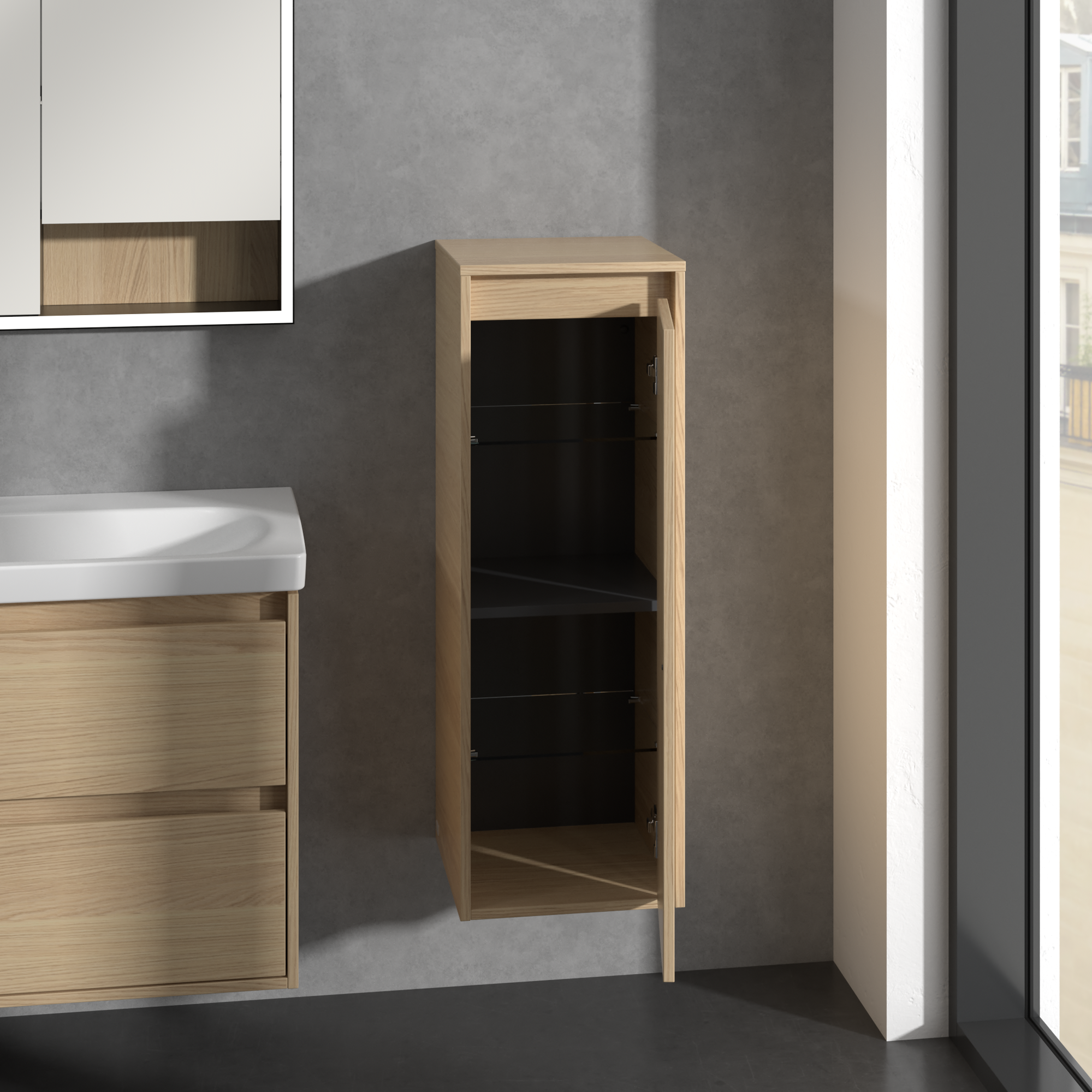 Skyla Armadio laterale, 1 anta, 1 cassetto, 350x1000x349mm, Corpo: Nordic Oak, Fronte: Nordic Oak